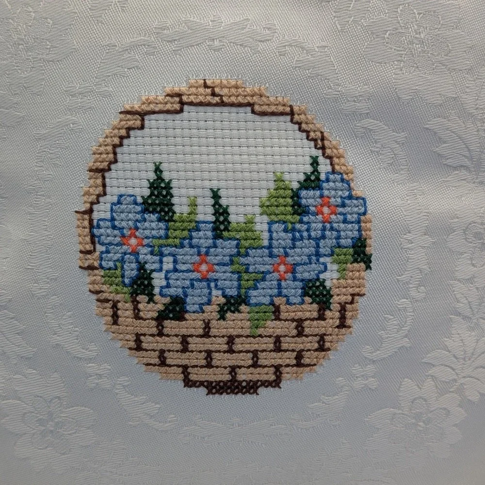 Vintage Cross Stitch Floral Basket Throw Pillow Ivory Eyelet Lace Ruffle Blue